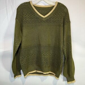 Olive Green Sweater Women's Small V Neck Pullover‎ Ribbed Eyelets Trim Crochet